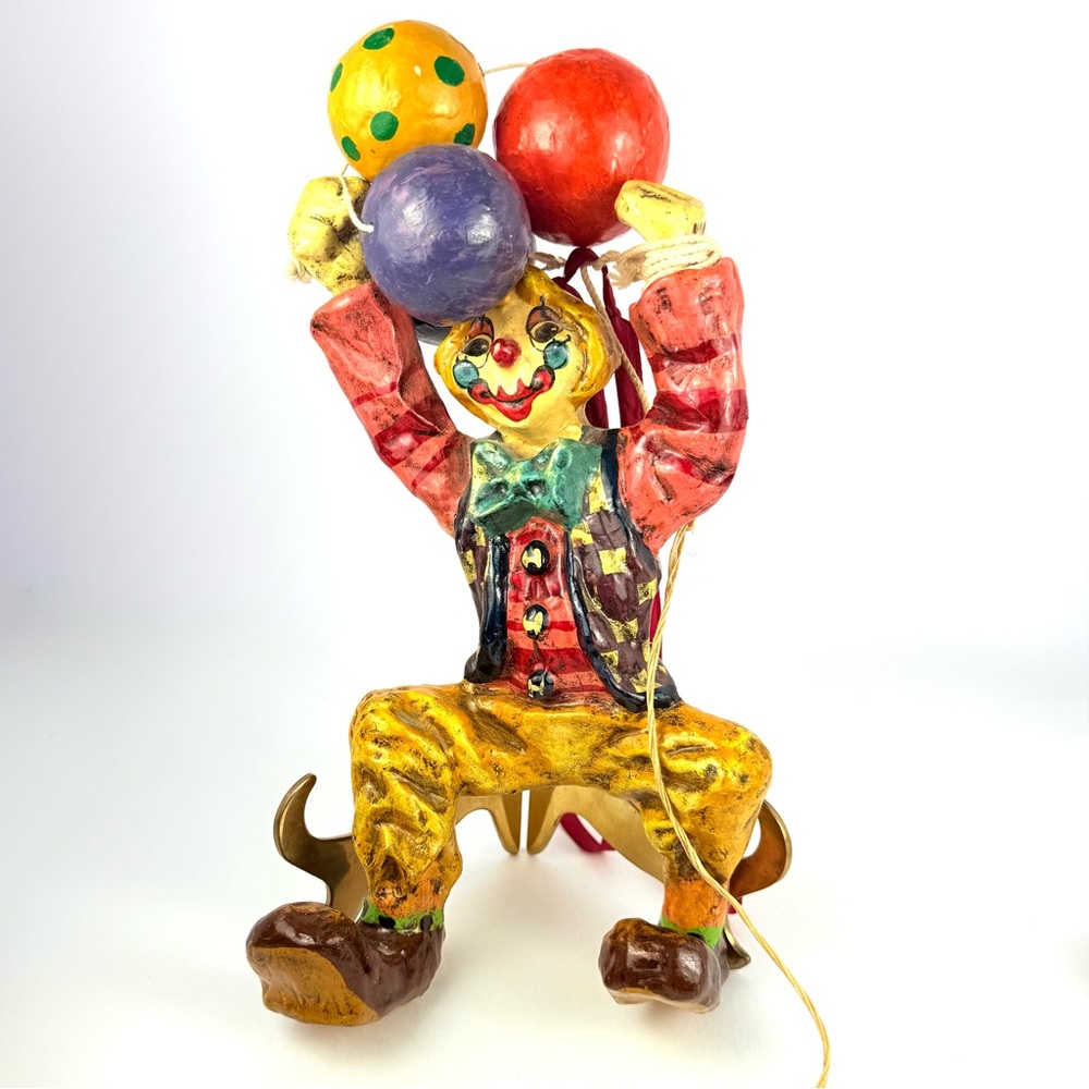 Vintage Mid-Century Modern Mexican Papier Mache Clown with Balloons Sculpture.